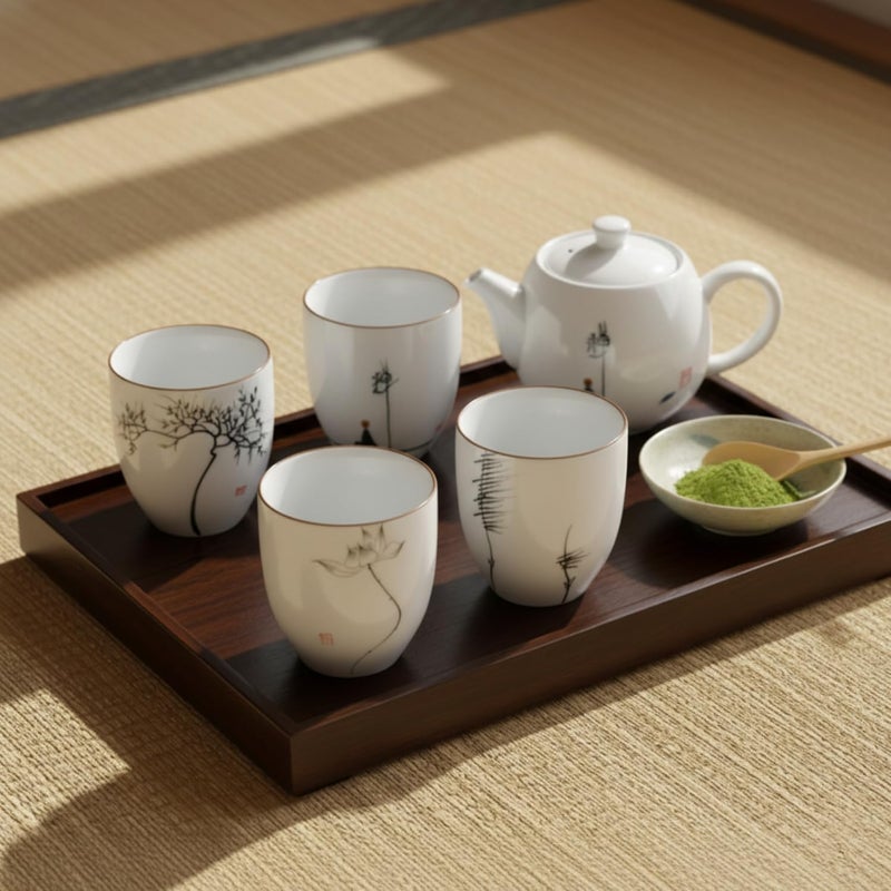I-MART 4 Pcs Japanese Tea Cup Set, Chinese Style Ceramic Kung Fu Cups for Matcha, 5 oz Small Asian Tea Set, Traditional White Porcelain Cup Gift for Home or Office - Image 3
